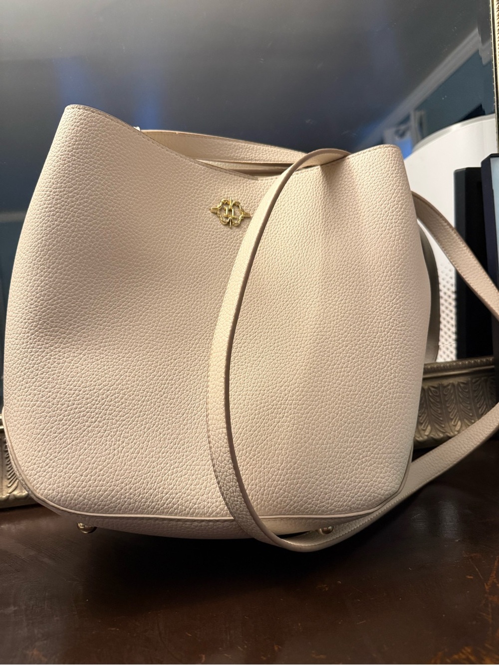 Minimal Cream Pebbled Shoulder Bag with Gold Accent